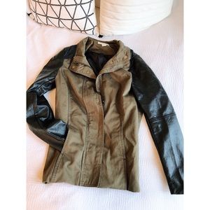 H&M Olive zip jacket with leather sleeves.